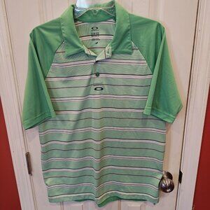 Oakley Polo Shirt Mens Medium Green Striped Golf Short Sleeve Performance Raglan